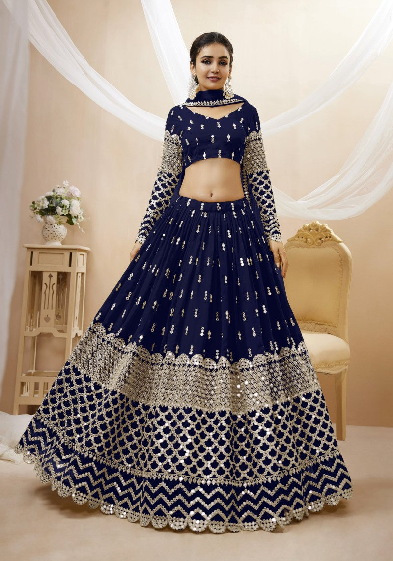 Navy Blue Sequins Embroidered Lehenga Choli with Zigzag Hem