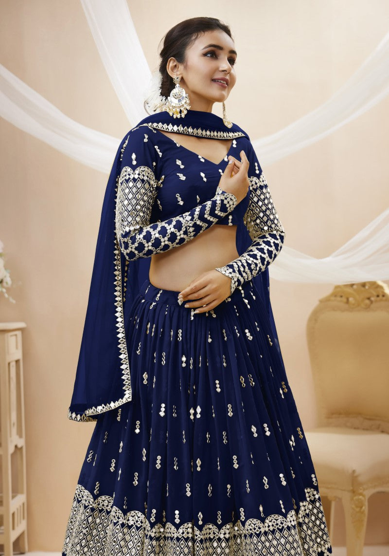 Navy Blue Sequins Embroidered Lehenga Choli with Zigzag Hem