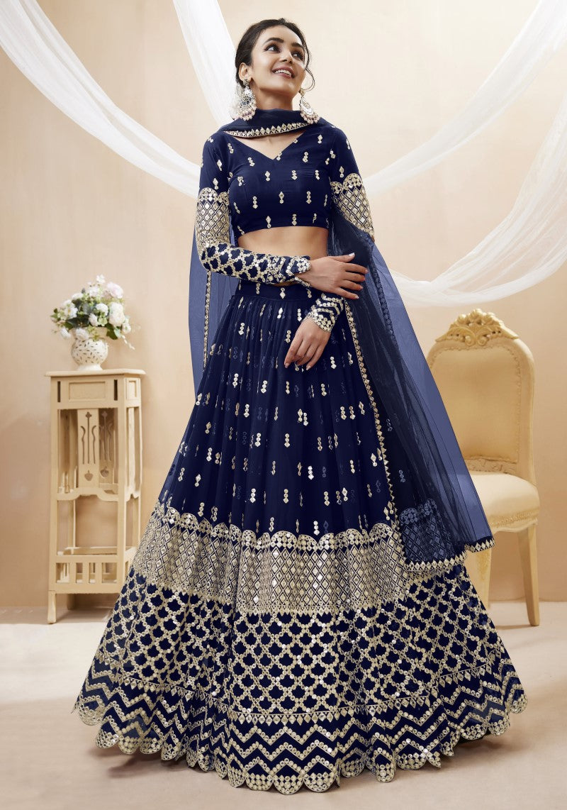 Navy Blue Sequins Embroidered Lehenga Choli with Zigzag Hem