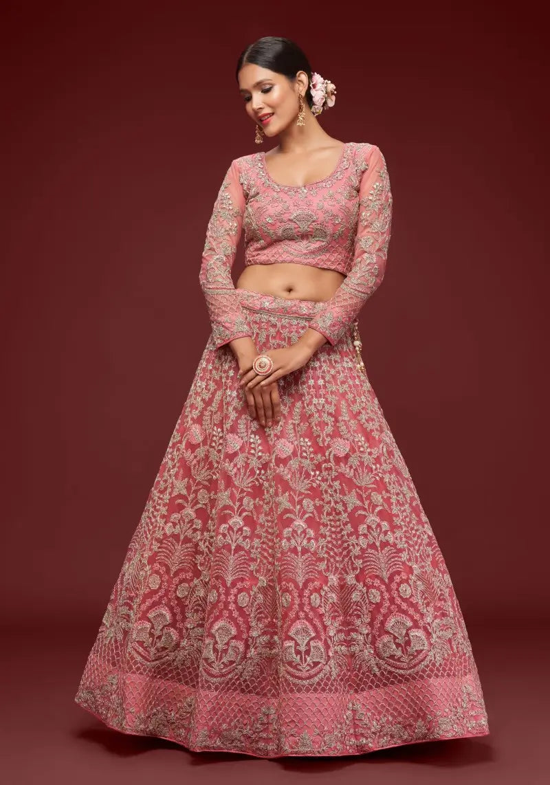 Model in Full festive look wearing Fantasy Rose embroidered lehenga choli with rich Zari, Badla and Dori work perfect for weddings.