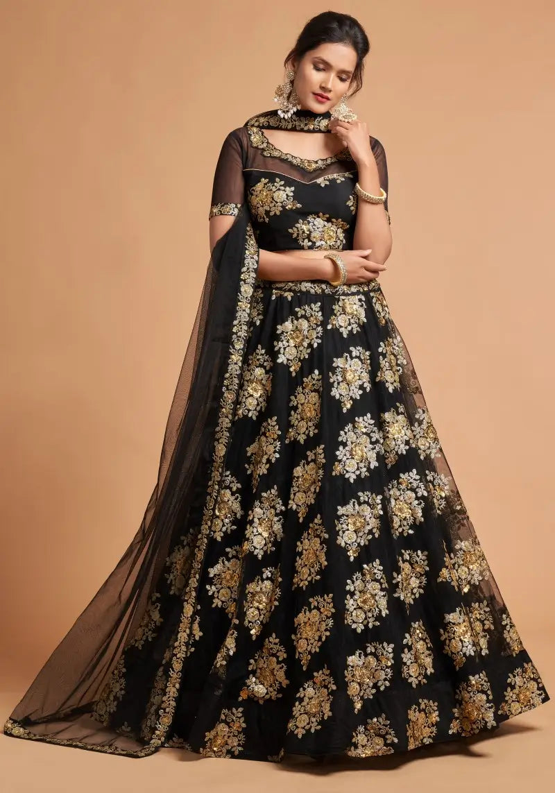 Embellished Black Soft Net Wedding Wear Lehenga Choli
