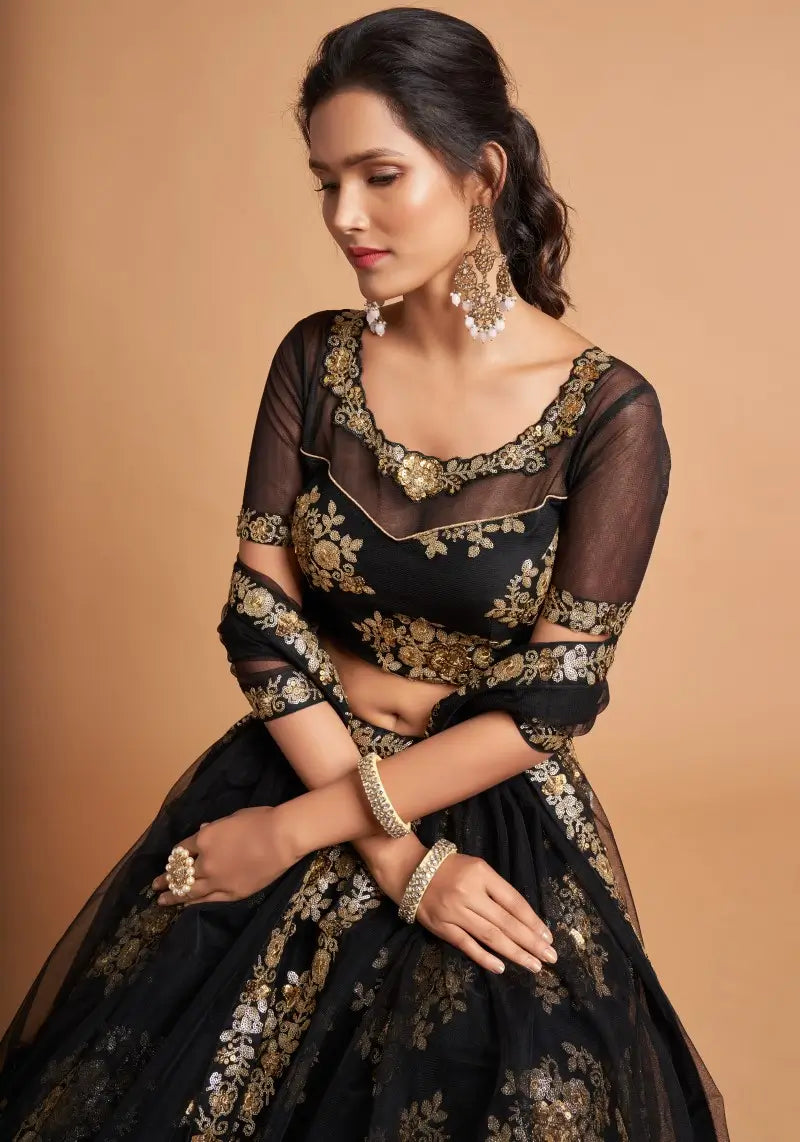 Embellished Black Soft Net Wedding Wear Lehenga Choli