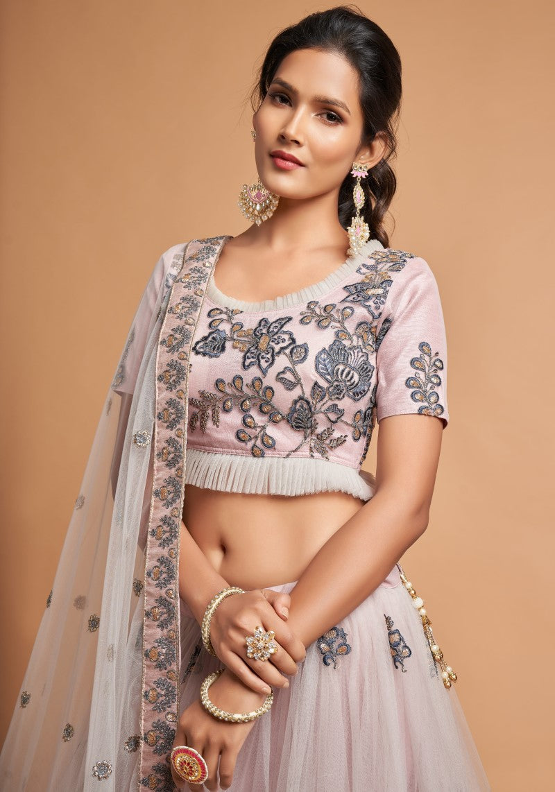 Light Grey Net Embroidered Wedding Wear Lehenga Choli