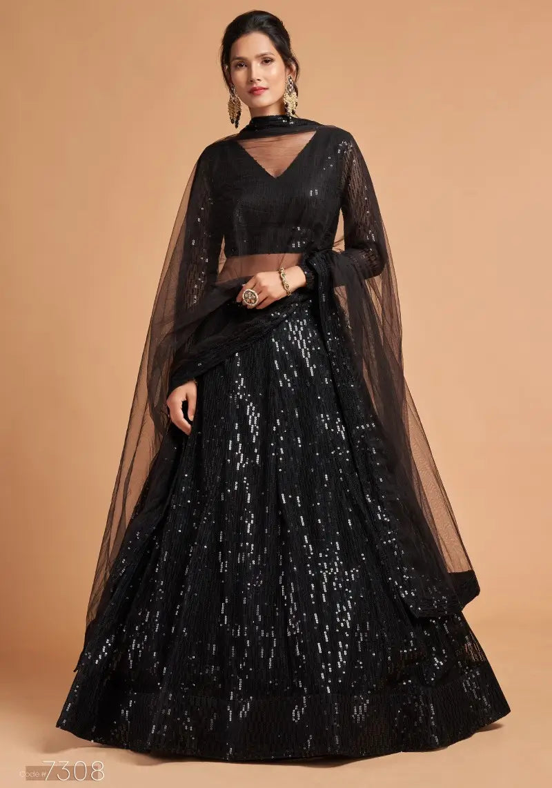 Embellished Flared Black Lehenga Choli Set With Dupatta