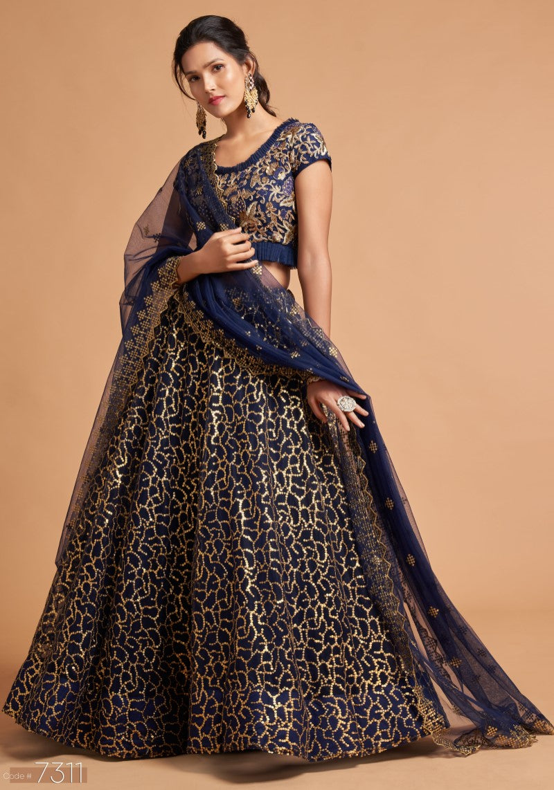 Regal Navy Blue Soft Net Zari & Sequin Embroidered Lehenga Choli