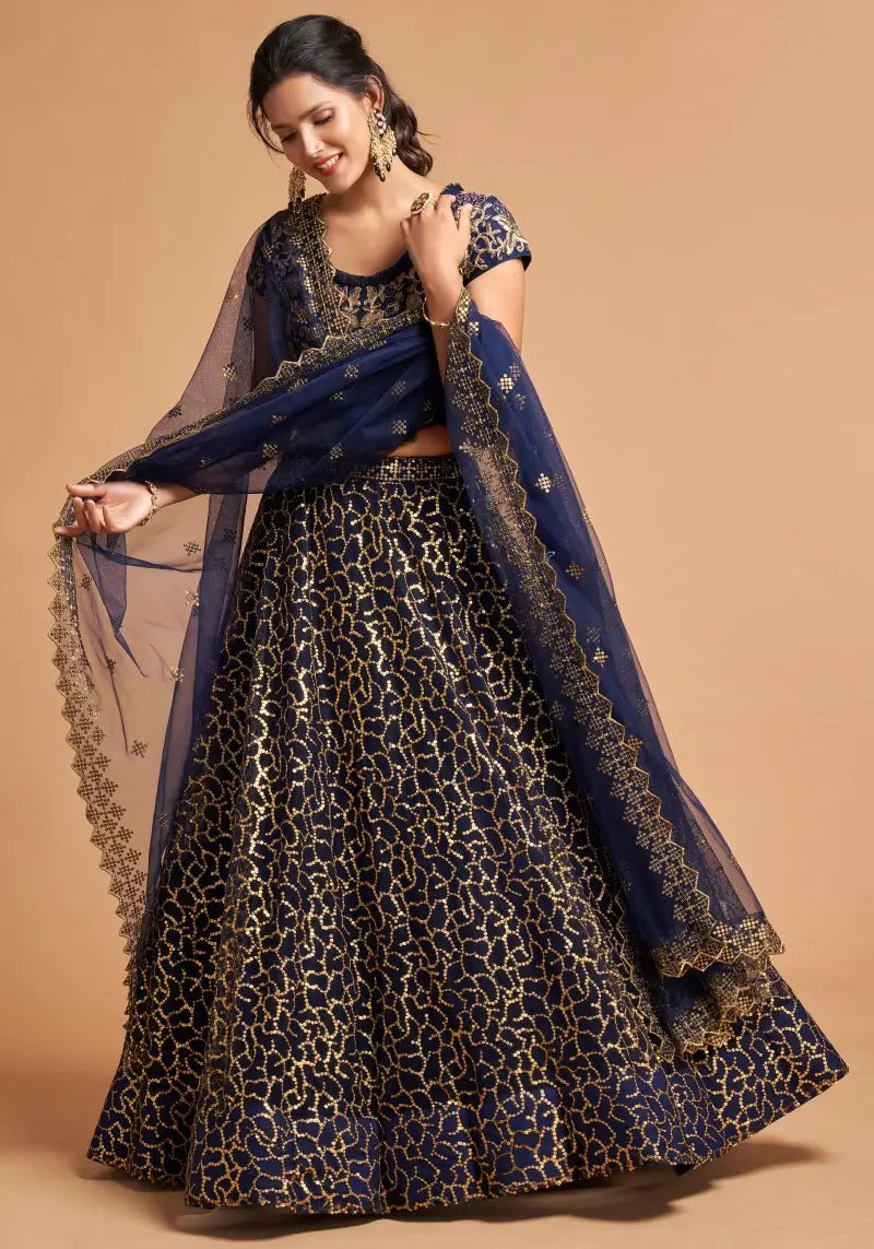 Regal Navy Blue Soft Net Zari & Sequin Embroidered Lehenga Choli