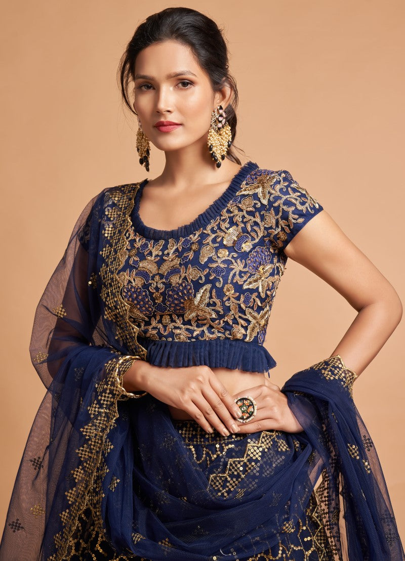 Regal Navy Blue Soft Net Zari & Sequin Embroidered Lehenga Choli