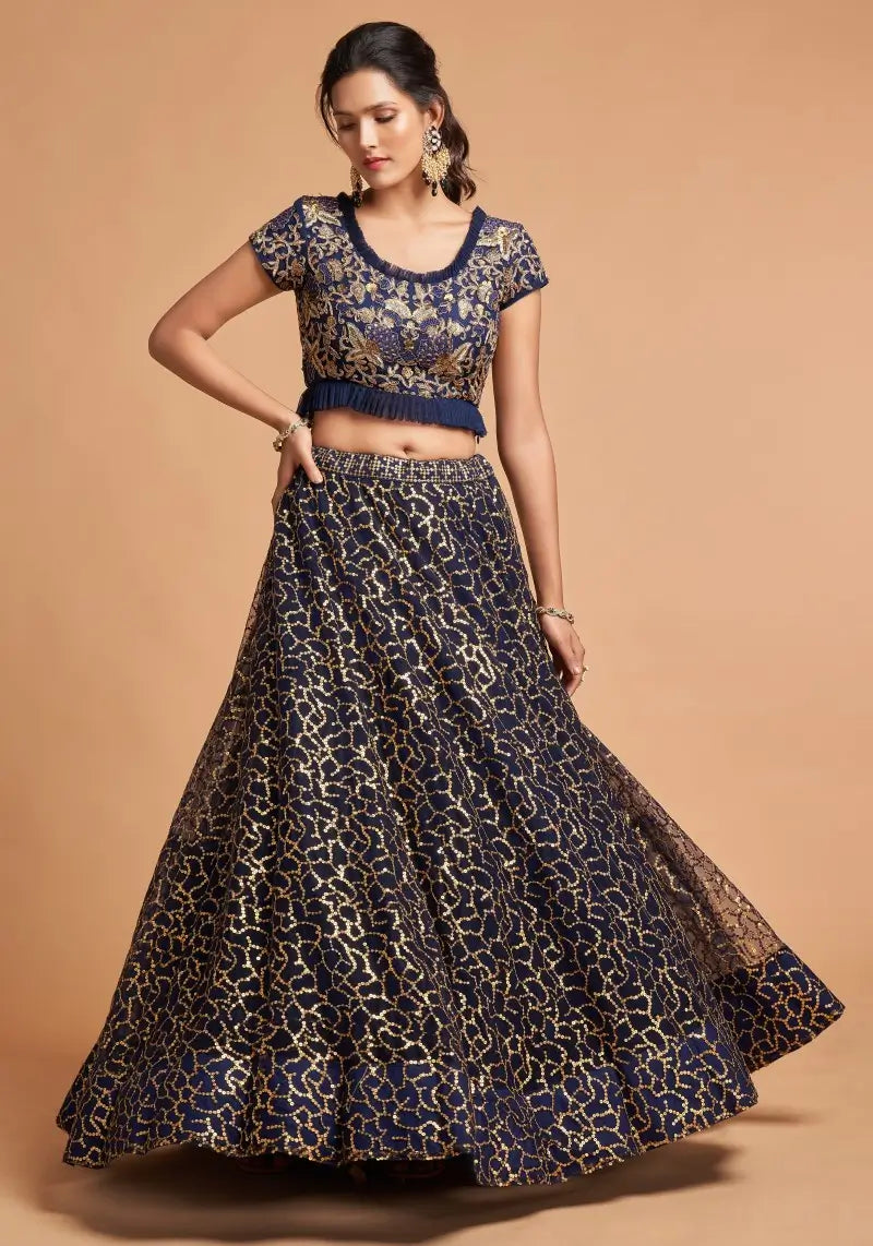 Regal Navy Blue Soft Net Zari & Sequin Embroidered Lehenga Choli
