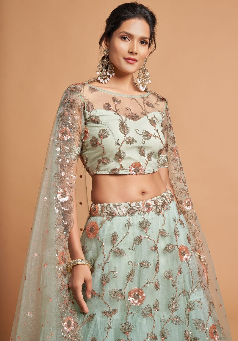 Sky Blue Net Embroidered Wedding Wear Lehenga Choli