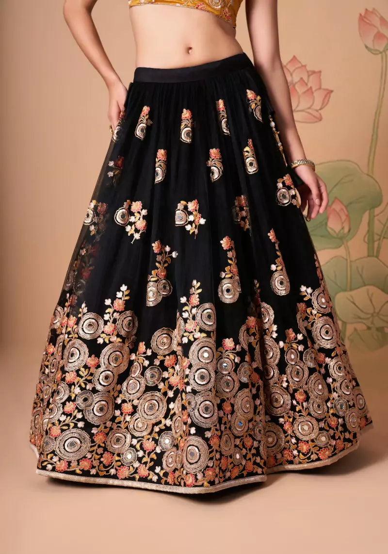 Midnight Allure Black & Yellow Embroidered Lehenga Choli with Mirror Work