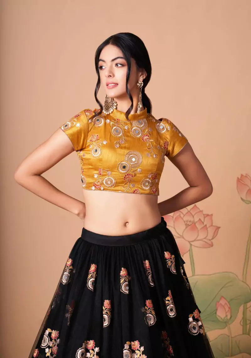Midnight Allure Black & Yellow Embroidered Lehenga Choli with Mirror Work