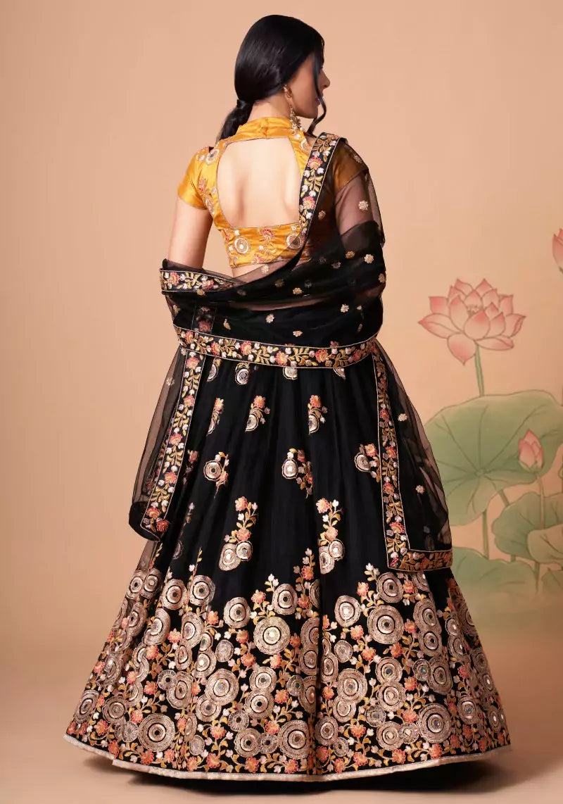 Midnight Allure Black & Yellow Embroidered Lehenga Choli with Mirror Work