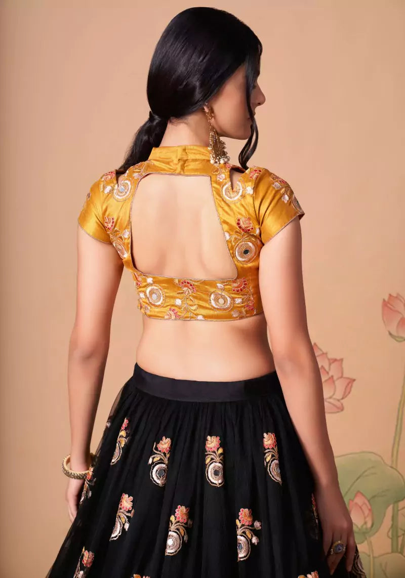Midnight Allure Black & Yellow Embroidered Lehenga Choli with Mirror Work