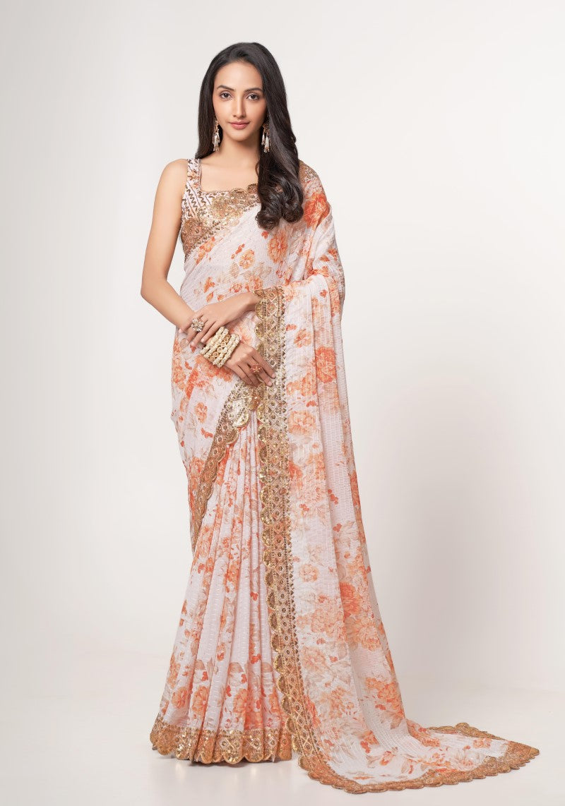 White Organza Sequins Embroidered Saree