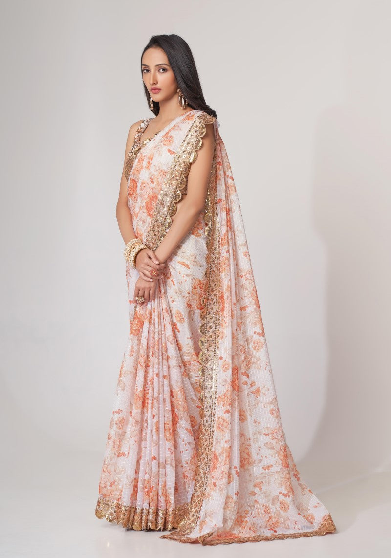 White Organza Sequins Embroidered Saree