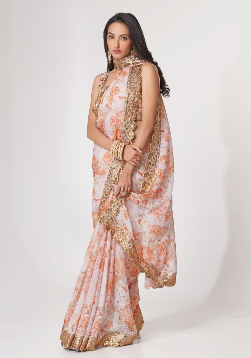 White Organza Sequins Embroidered Saree