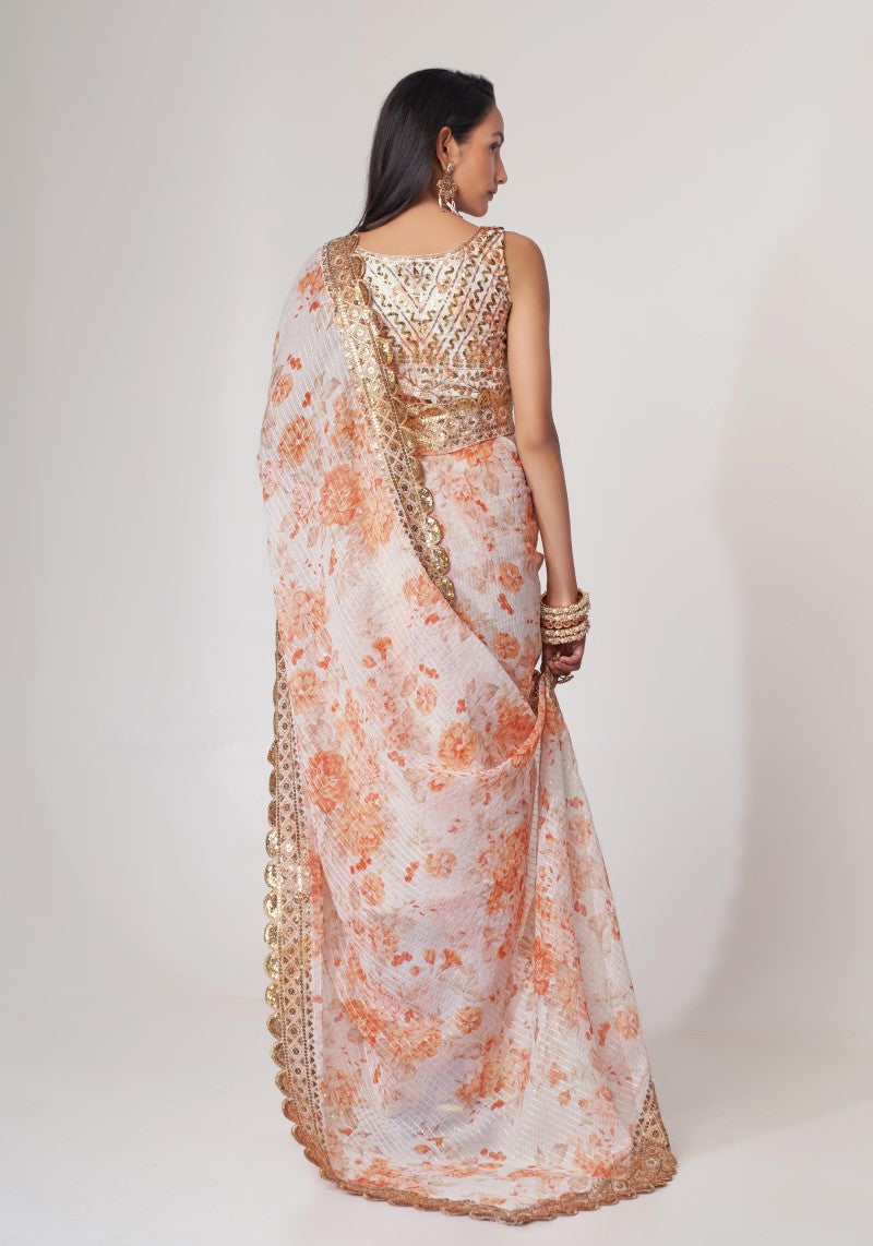 White Organza Sequins Embroidered Saree