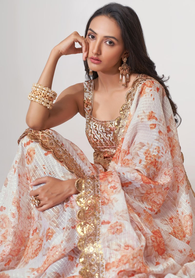 White Organza Sequins Embroidered Saree