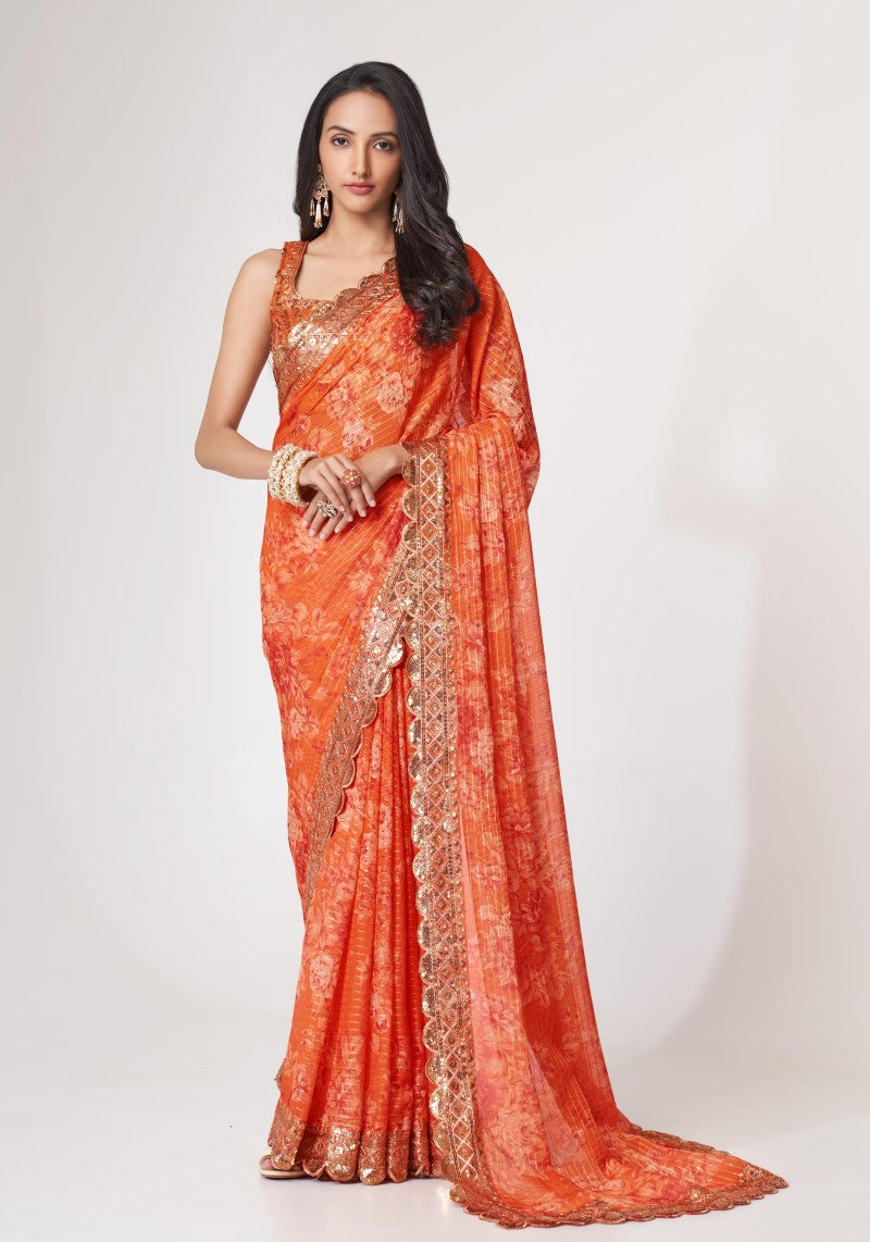 Orange Digital Print Organza Sequins Embroidered Saree