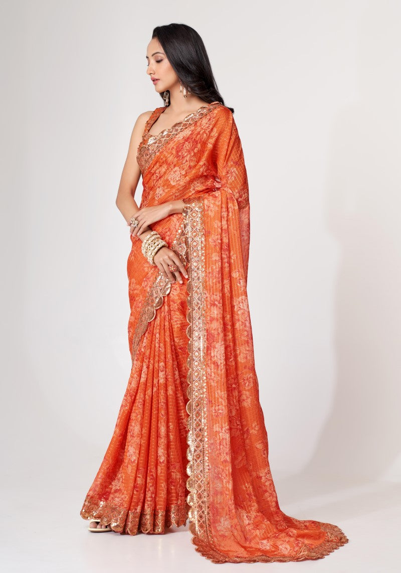 Orange Digital Print Organza Sequins Embroidered Saree