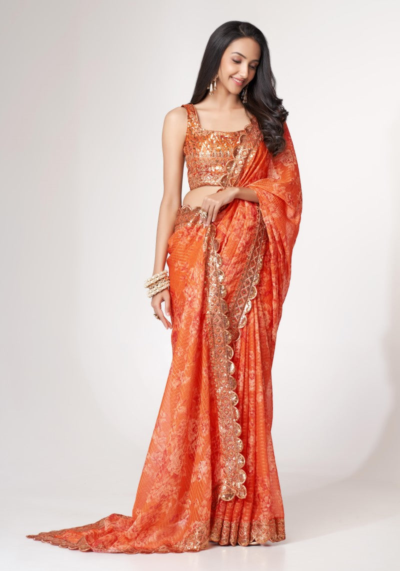 Orange Digital Print Organza Sequins Embroidered Saree