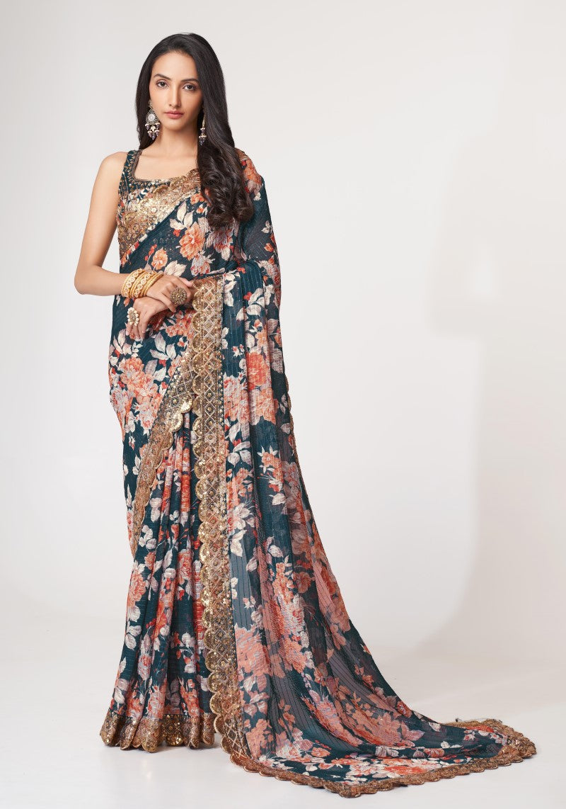 Dove Blue Organza Sequins Embroidered Saree