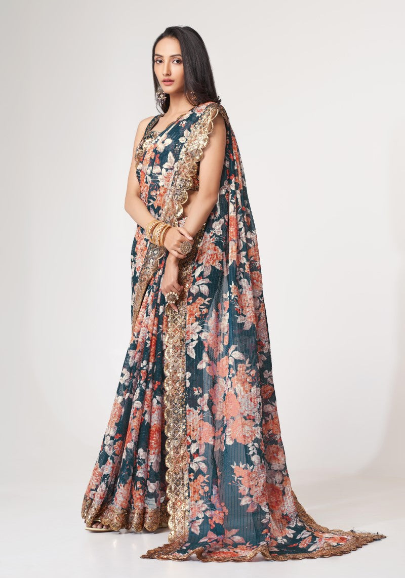 Dove Blue Organza Sequins Embroidered Saree