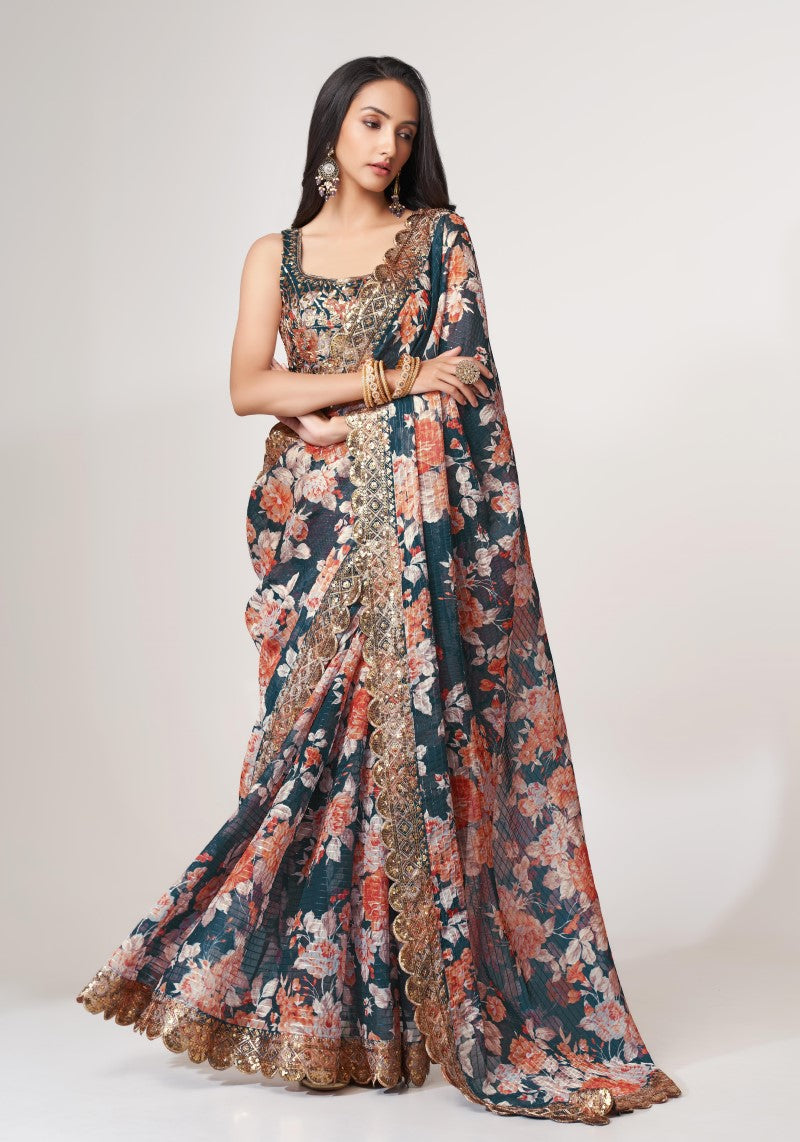 Dove Blue Organza Sequins Embroidered Saree