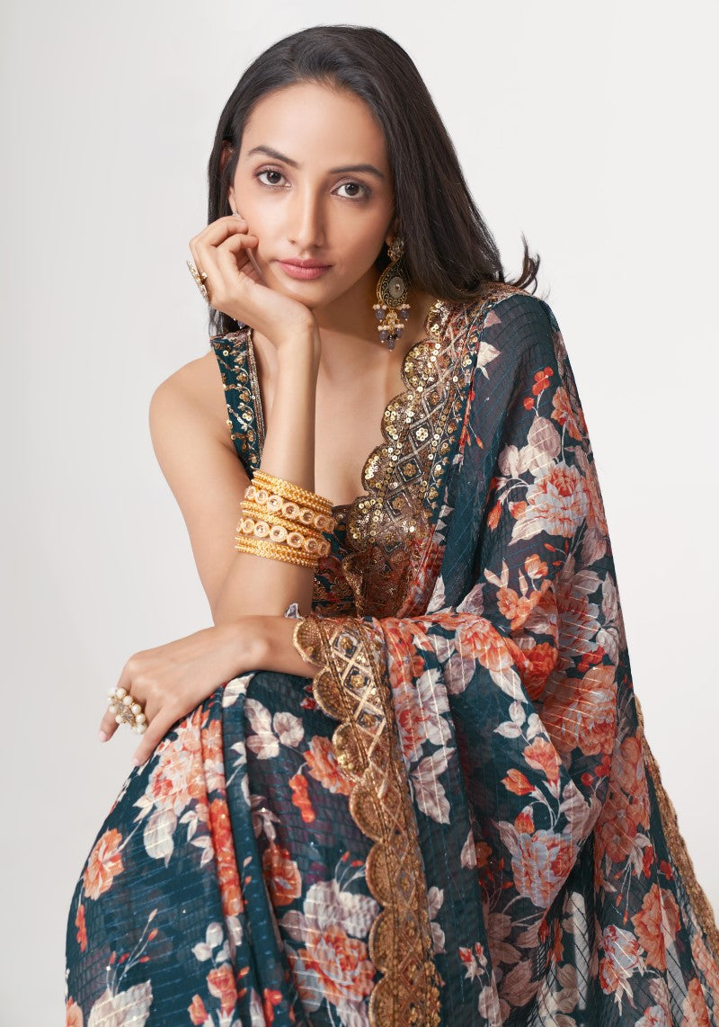 Dove Blue Organza Sequins Embroidered Saree