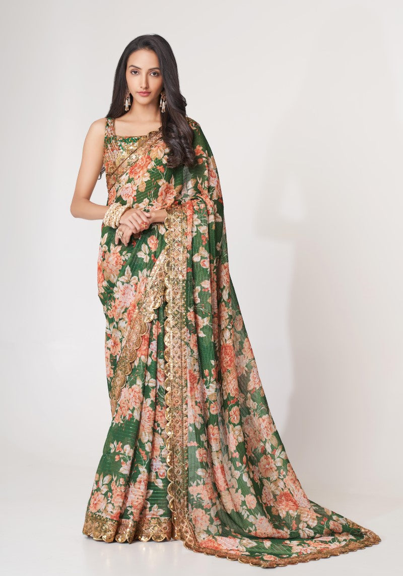 Organza Green Digital Print Sequins Embroidered Saree