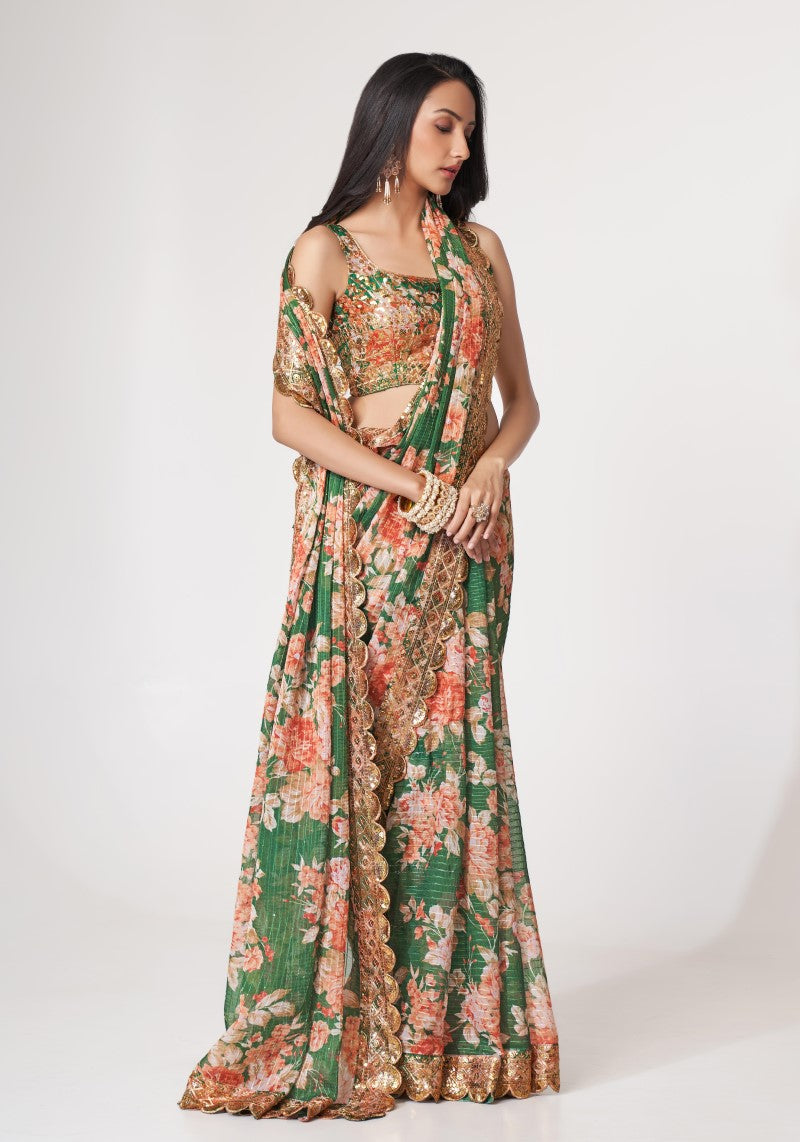 Organza Green Digital Print Sequins Embroidered Saree