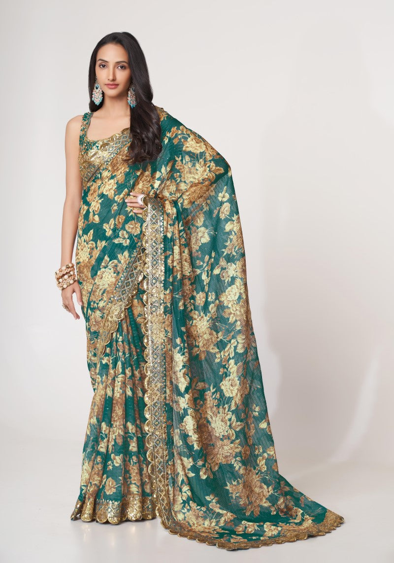 Organza Teal Blue Sequins Embroidered Saree
