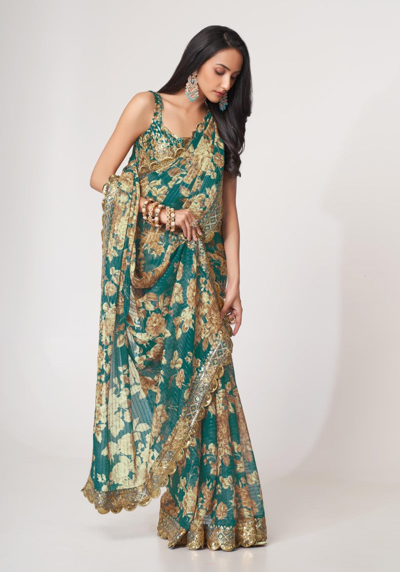 Organza Teal Blue Sequins Embroidered Saree