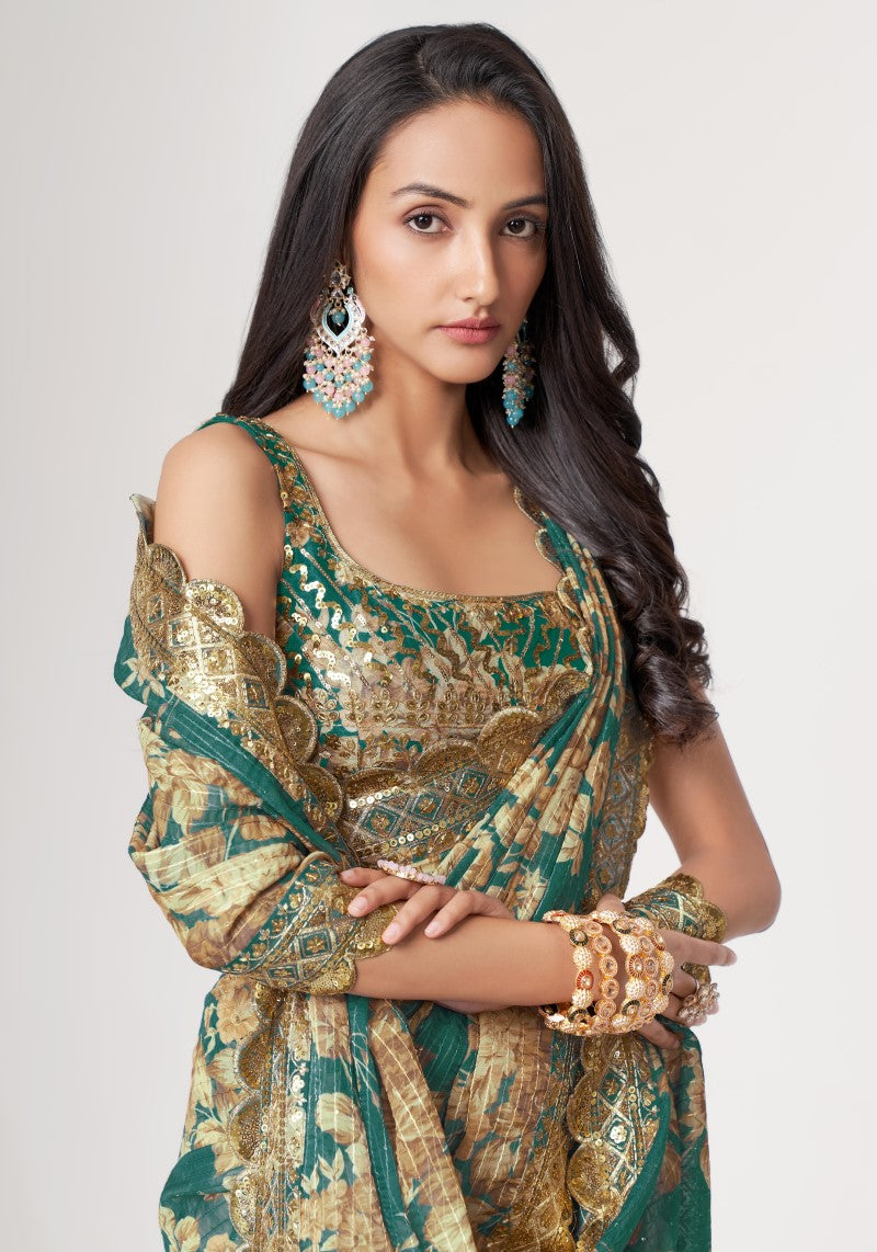 Organza Teal Blue Sequins Embroidered Saree
