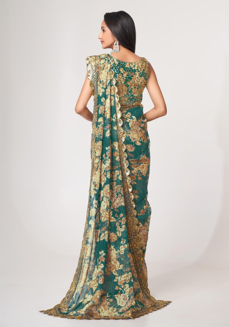 Organza Teal Blue Sequins Embroidered Saree