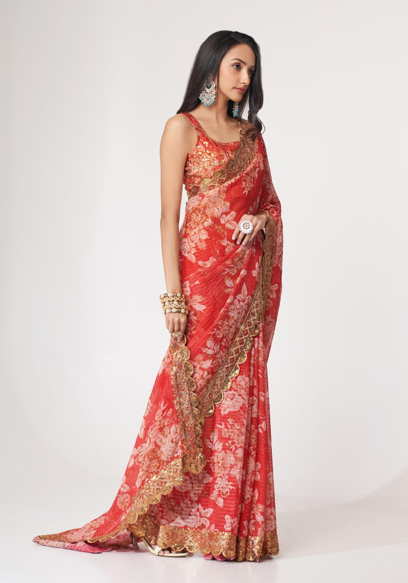 Adorable Red Organza Sequins Embroidered Saree