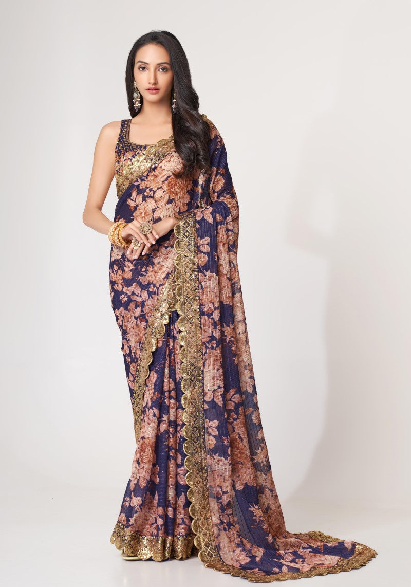 Amazing Purple Organza Sequins Embroidered Saree