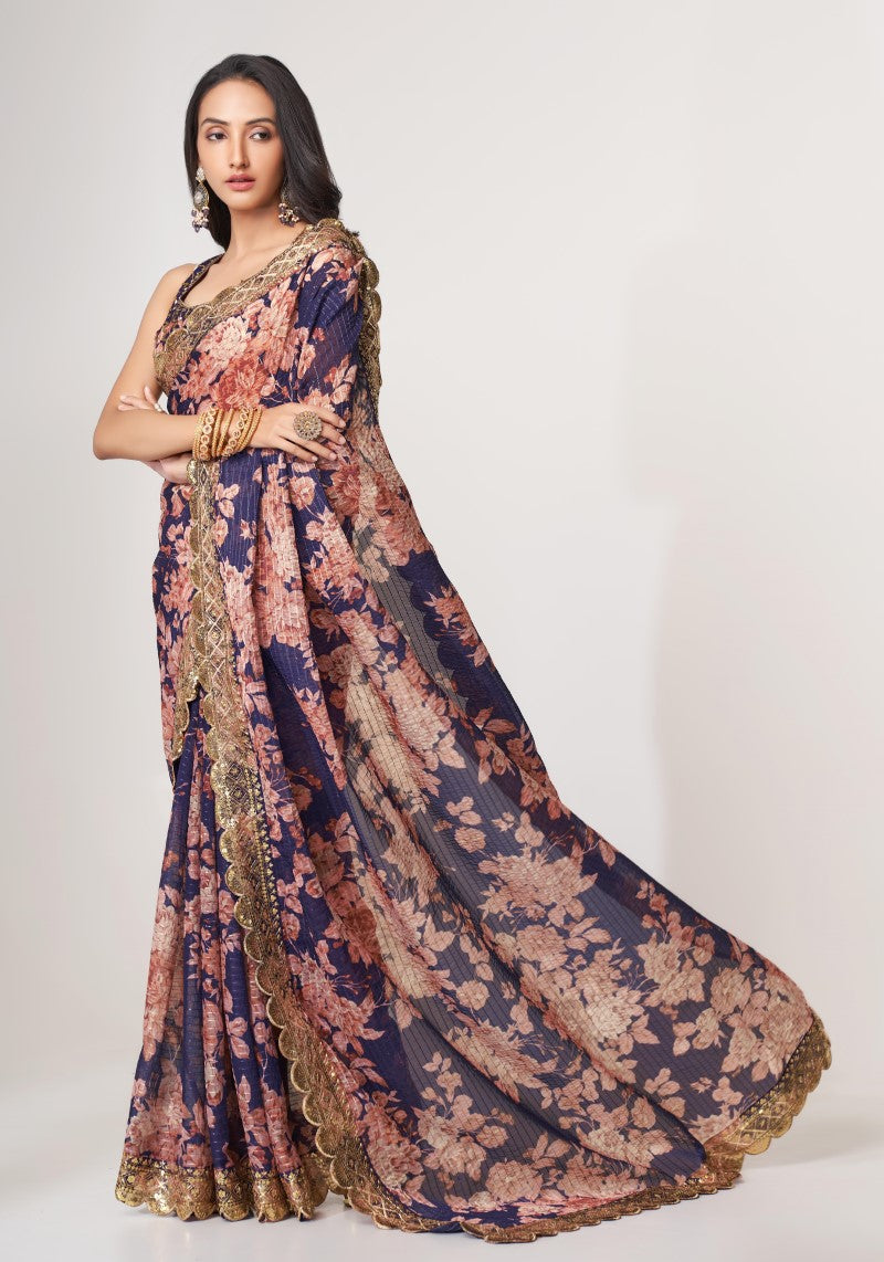 Amazing Purple Organza Sequins Embroidered Saree