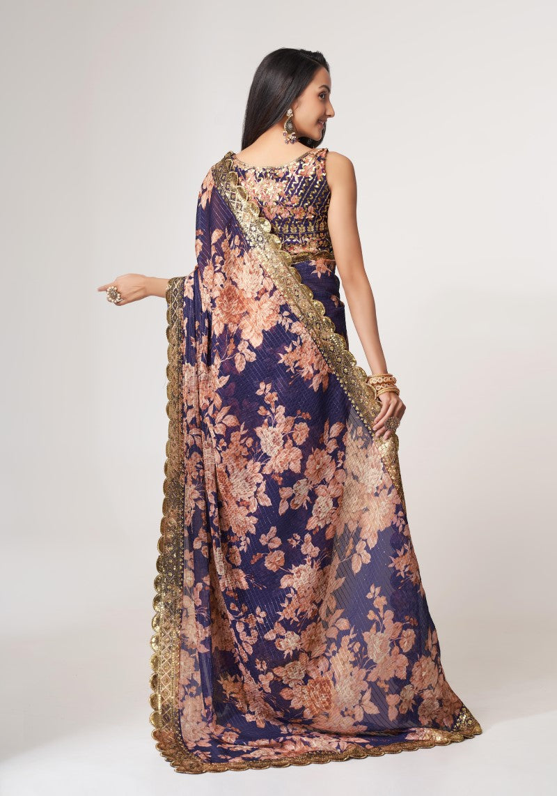 Amazing Purple Organza Sequins Embroidered Saree