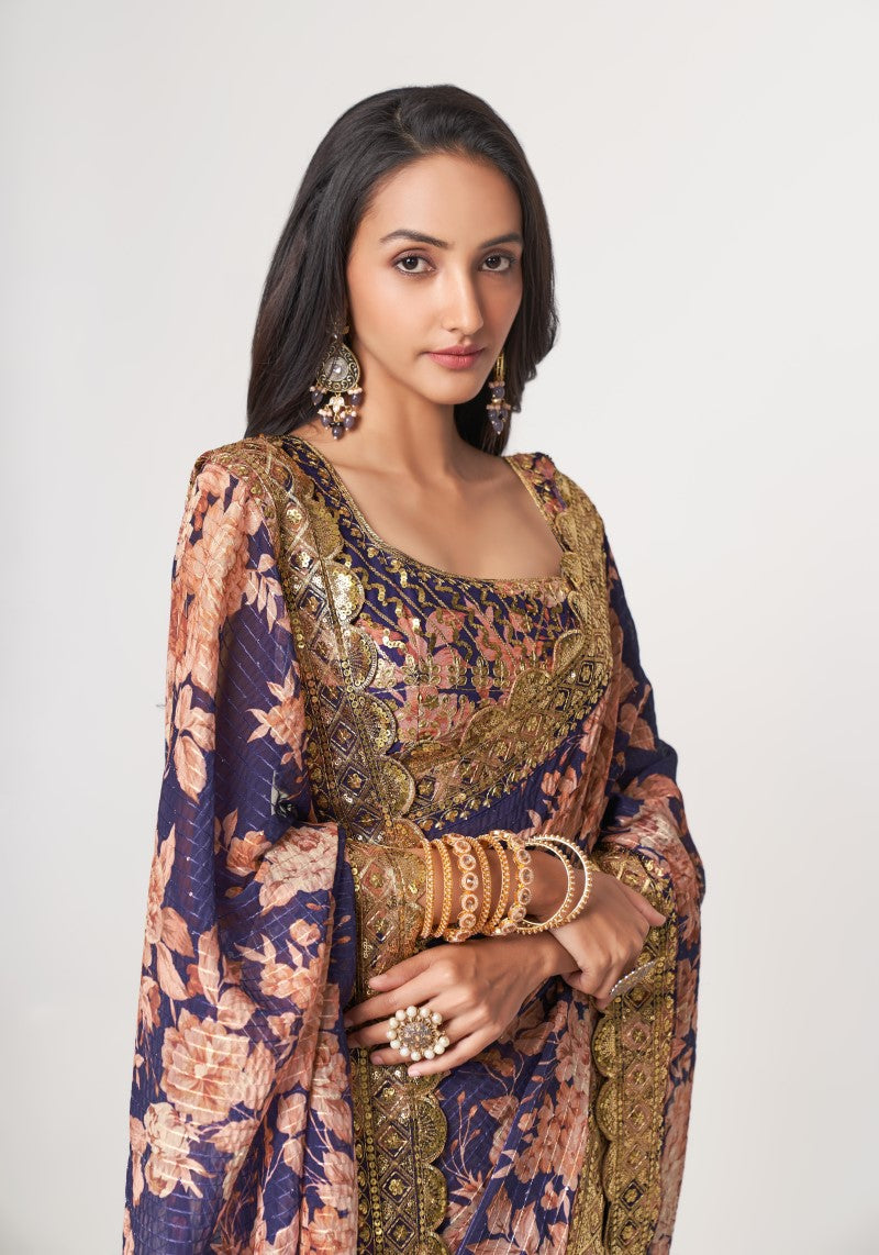 Amazing Purple Organza Sequins Embroidered Saree