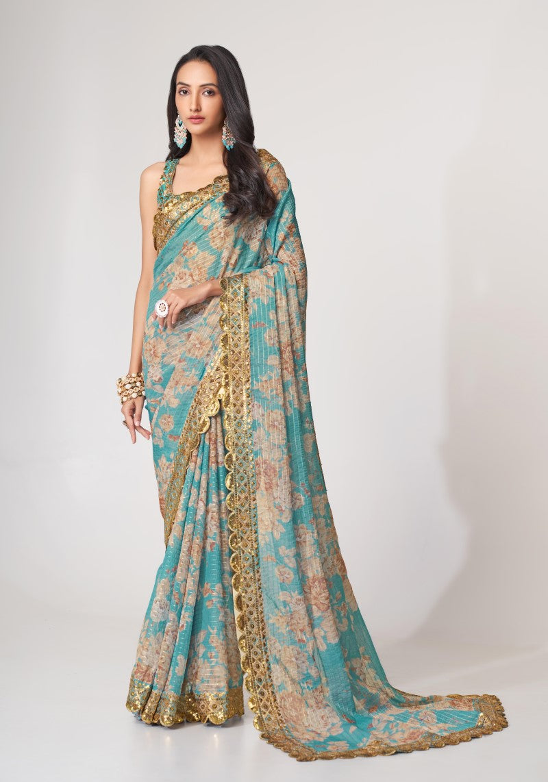 Ravished Sky Blue Organza Sequins Embroidered Saree