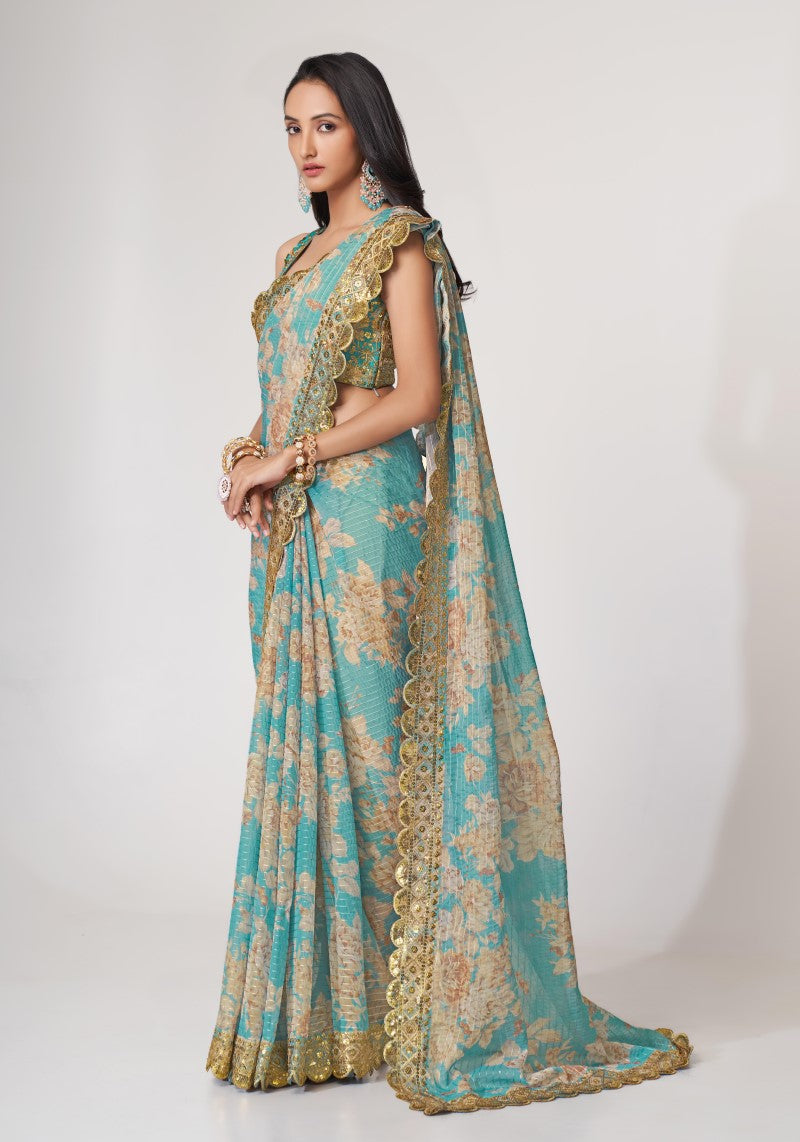 Ravished Sky Blue Organza Sequins Embroidered Saree