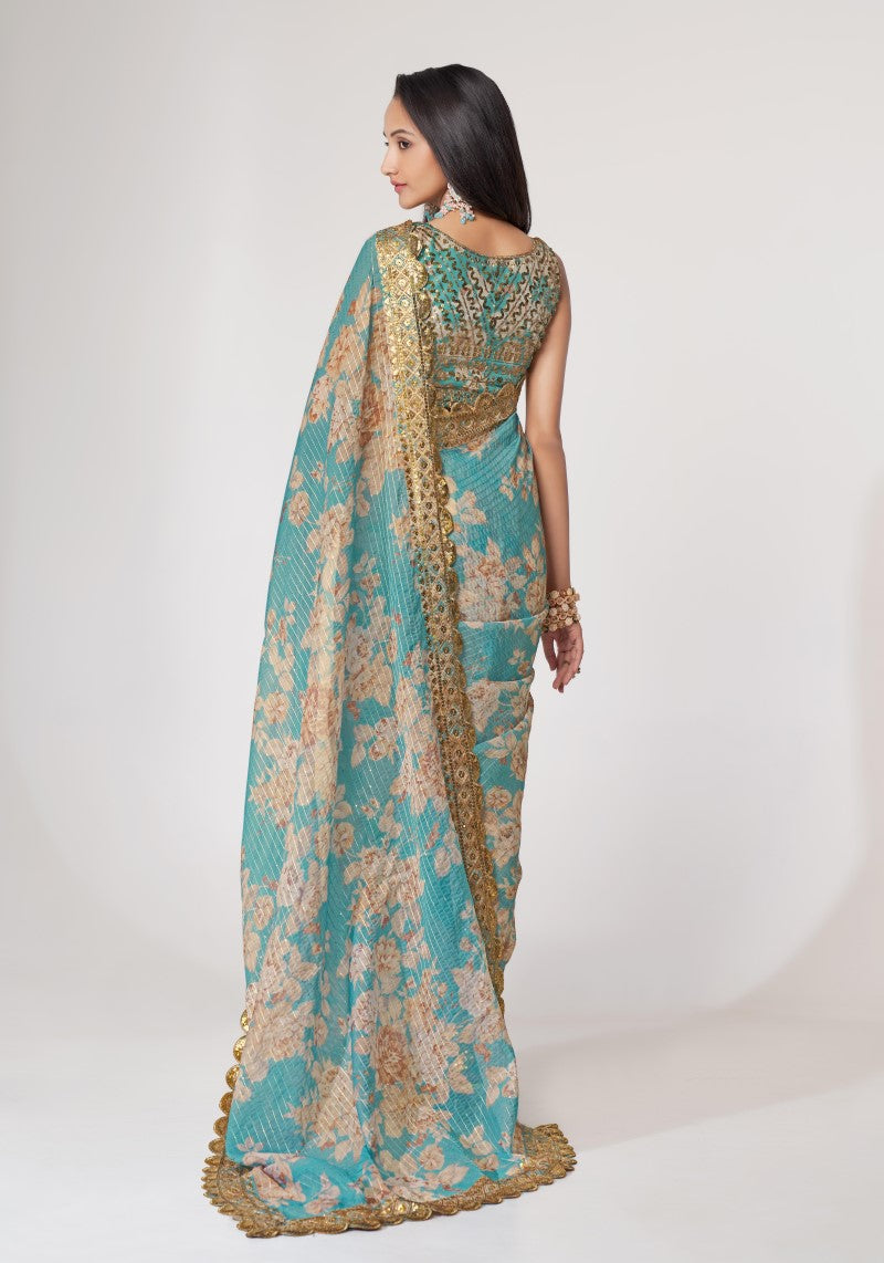 Ravished Sky Blue Organza Sequins Embroidered Saree