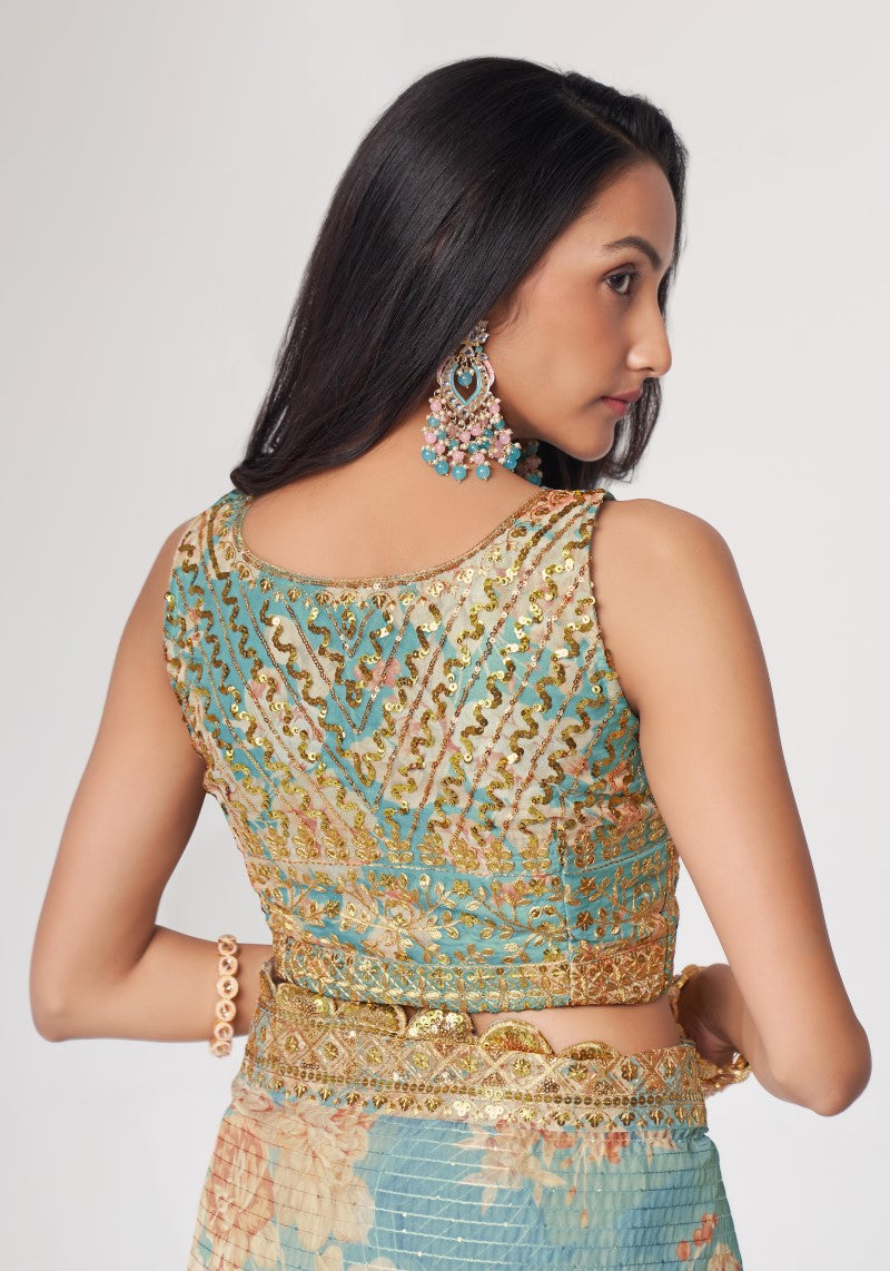 Ravished Sky Blue Organza Sequins Embroidered Saree