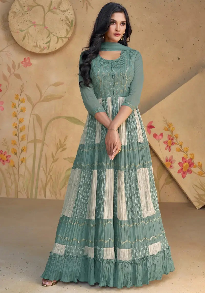 Designer Teal Georgette Embroidered Anarkali Dress