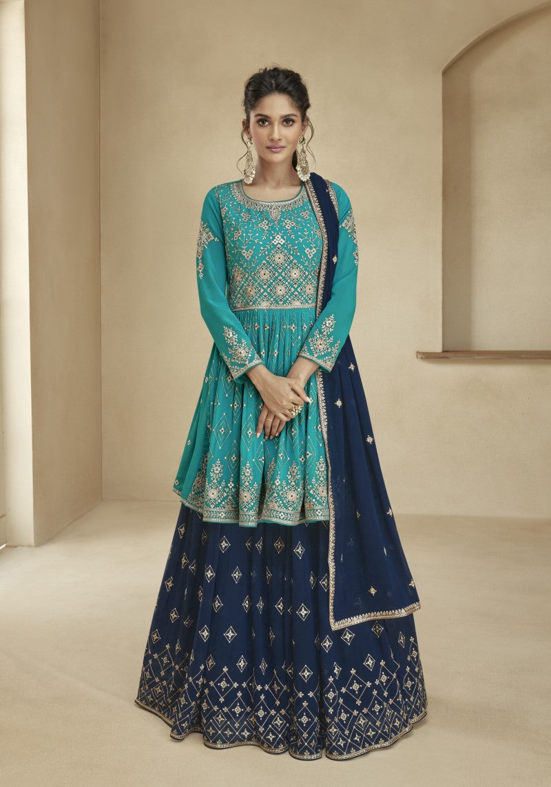 Navy Blue Georgette Embroidered Lehenga Suit