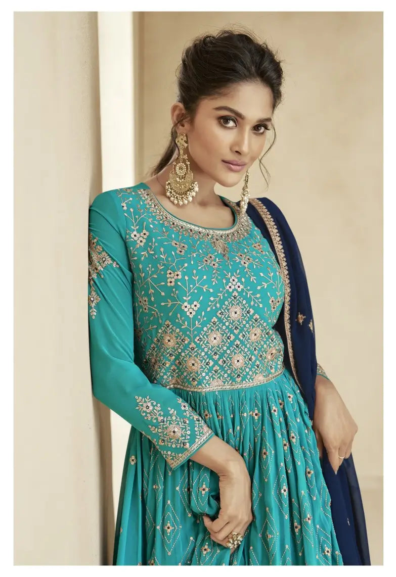 Navy Blue Georgette Embroidered Lehenga Suit