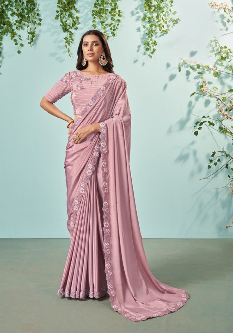 Elegant Party Wear Pink Sequins Cord Embroidered Saree