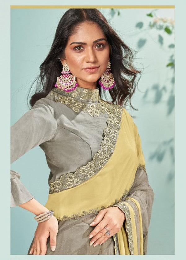 Party Wear Lemon Yellow Silk Georgette Cord Embroidered Saree