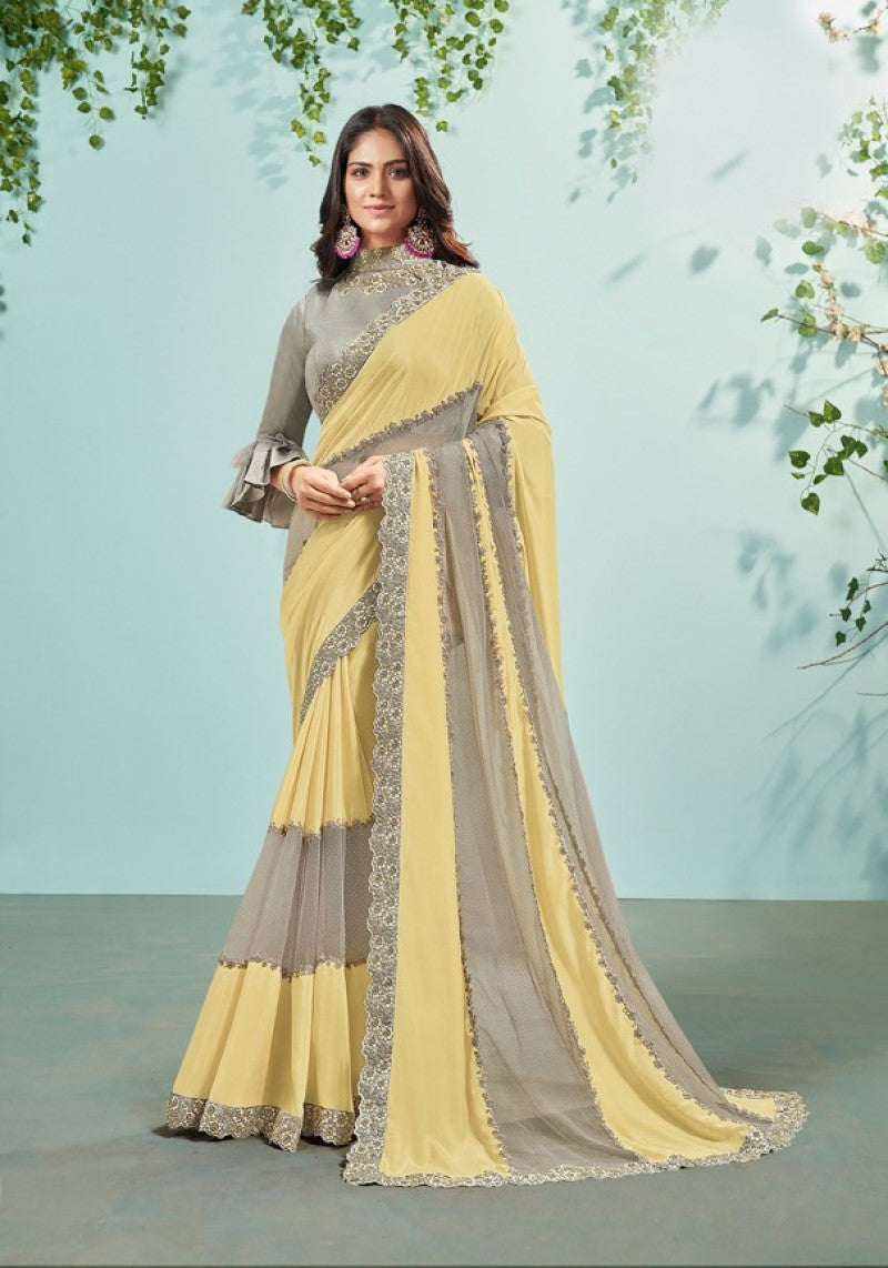 Party Wear Lemon Yellow Silk Georgette Cord Embroidered Saree
